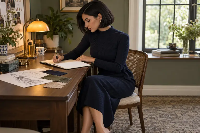 A woman at a writing desk plans her wardrobe in a notebook