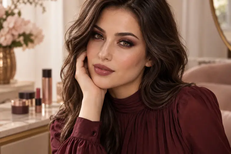 Beauty portrait with a sultry gaze, smoky eye makeup and rose-brown lipstick