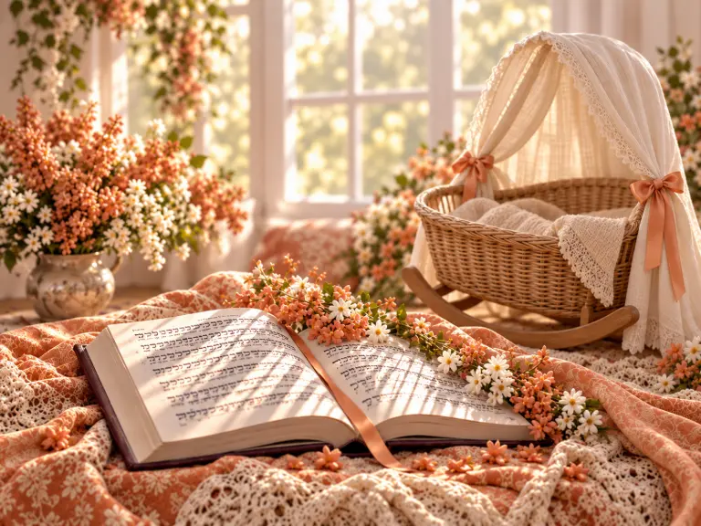 Un livre de Tehilim ouvert et un berceau en osier avec un voile crème