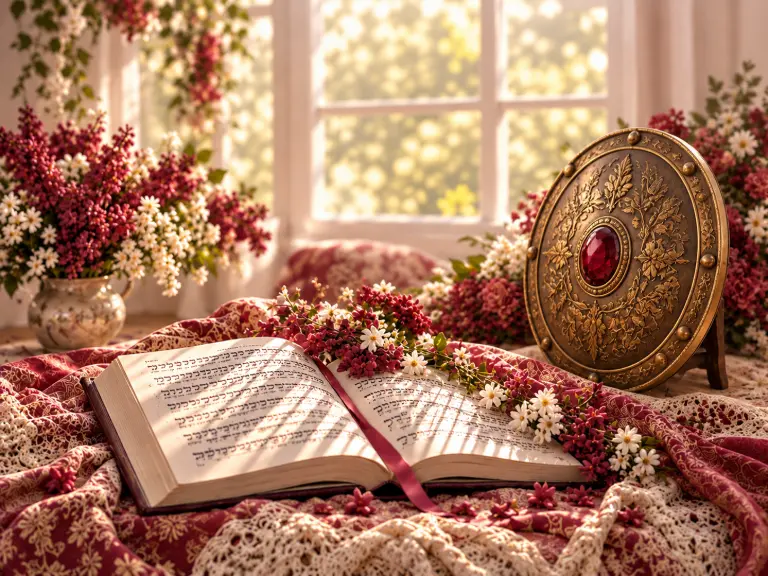 Un livre de Tehilim ouvert et un bouclier doré parmi des fleurs rouges