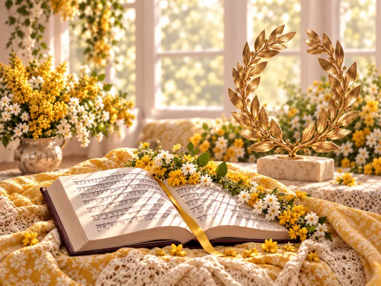 Un livre de Tehilim ouvert et une couronne de laurier dorée parmi des fleurs jaunes