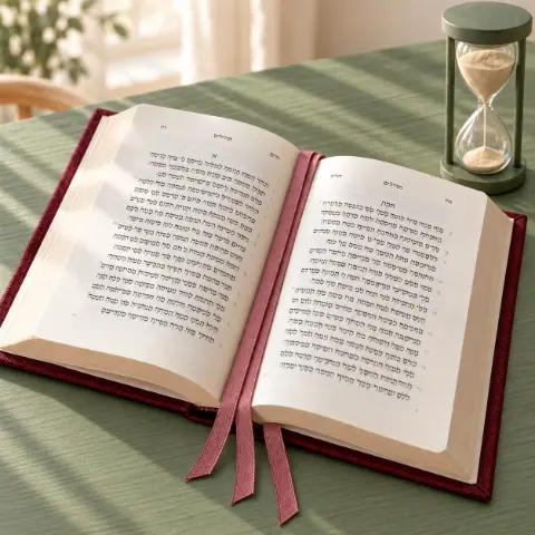 Un livre de prières ouvert et un petit sablier vert