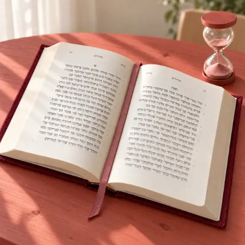 Un livre de prières ouvert et un petit sablier couleur terre cuite