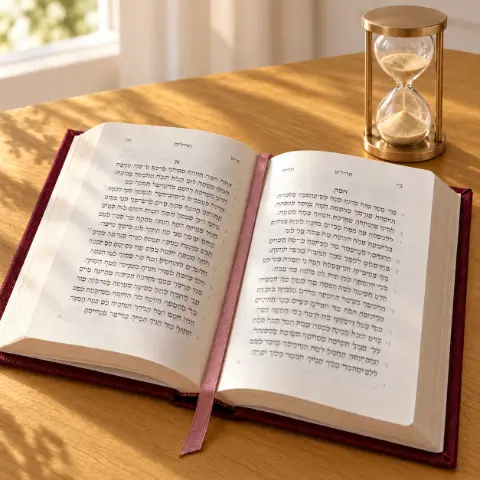 Un livre de prières ouvert et un petit sablier doré