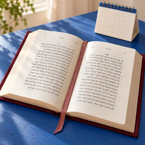 Un livre de prières ouvert et un petit calendrier de bureau bleu