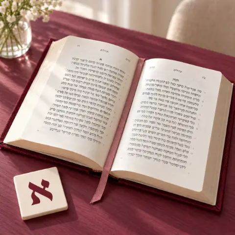 Un livre de prières ouvert et une petite plaque portant la lettre hébraïque א