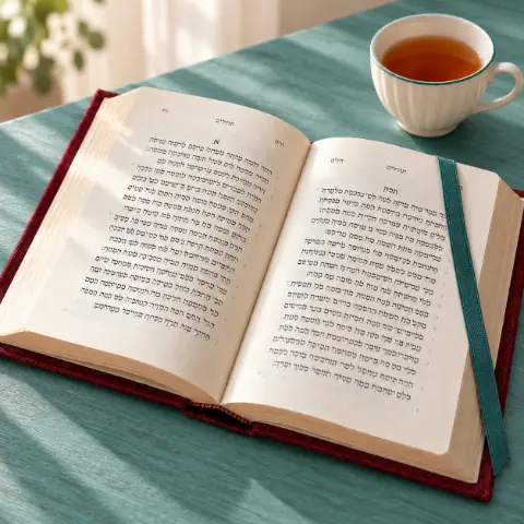 Un livre de prières ouvert et une tasse de thé blanche