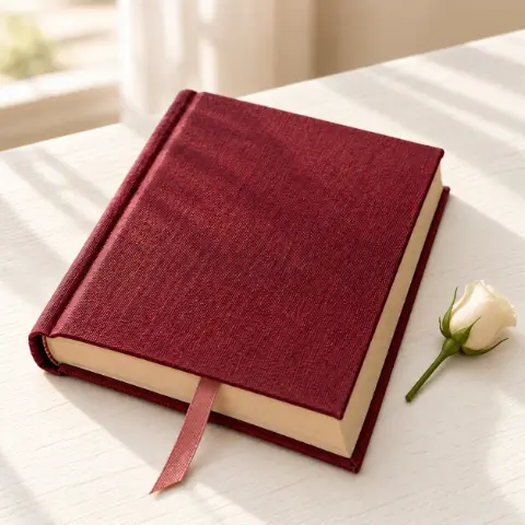 Un livre de prières fermé à couverture rose-brun et un bouton de fleur blanc